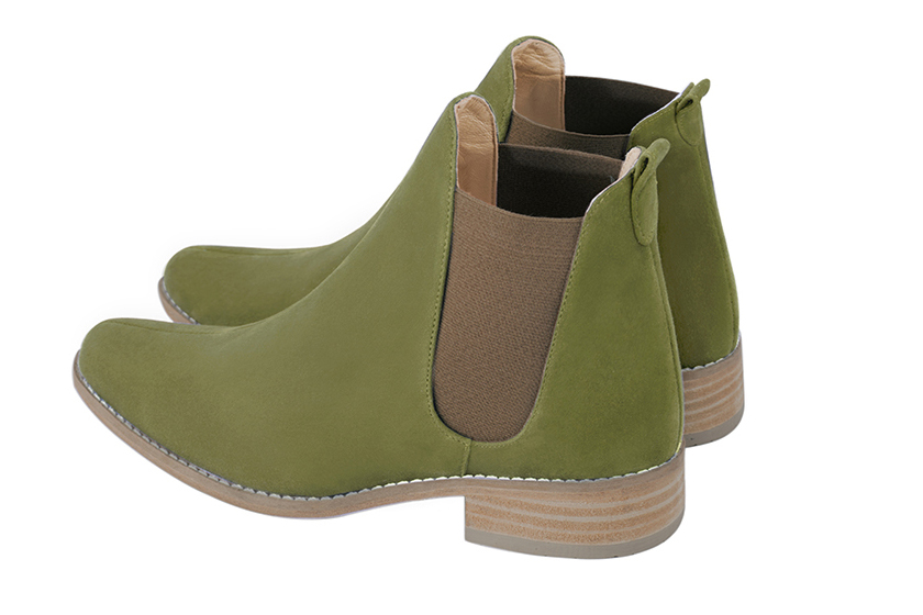 Pistachio green and taupe brown women's ankle boots, with elastics. Round toe. Flat leather soles. Rear view - Florence KOOIJMAN